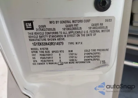 2003 Cadillac Escalade Standard z USA, uszkodzony, nr VIN 1GYEK63N43R314979